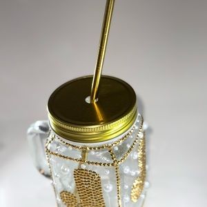 Gold and Clear Beaded Mason Jar with Straw